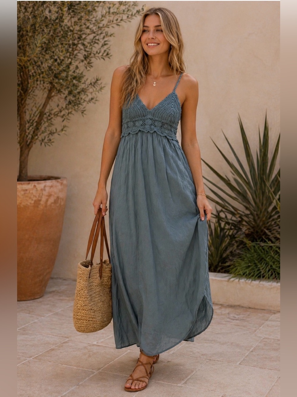 Made in Italy Boho Crochet Bodice Maxi Dress Euro Summer Beachy Coastal‎